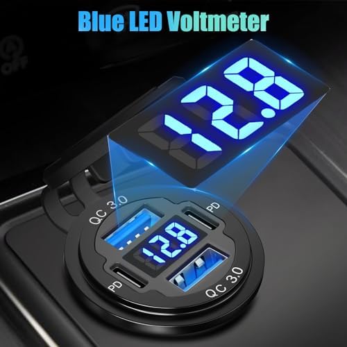 High-Power 12 V USB C Car Charger Socket with 4 Ports – Dual PD 30 W & QC 18 W for Fast Device Charging, Voltmeter Integration, Aluminum Waterproof Design, Ideal for RV, Boat, Truck, Motorcycle & More – Ultimate Travel Companion for Tech Enthusiasts