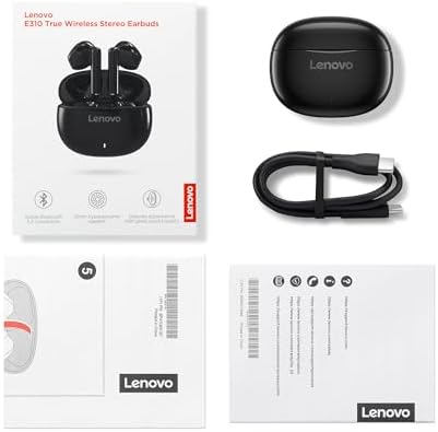 Lenovo E310 True Wireless Earbuds – Cutting-Edge Bluetooth 5.3 with Advanced Environmental Noise Cancellation for Crystal Clear Audio – 20-Hour Battery Life for All-Day Use & Comfortable Ergonomic Design – Ideal for Music Enthusiasts and Professionals in Stylish White Finish