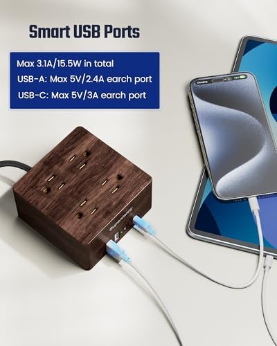 SUPERDANNY Portable USB Power Strip Surge Protector – Premium Desktop Extension Cord with 4 Spacious Outlets & 4 Advanced Smart USB Charging Ports for Home, Office, Hotel, Dorm, and RV Use – Elegant Faux Walnut Finish for Enhanced Aesthetics and Device Safety