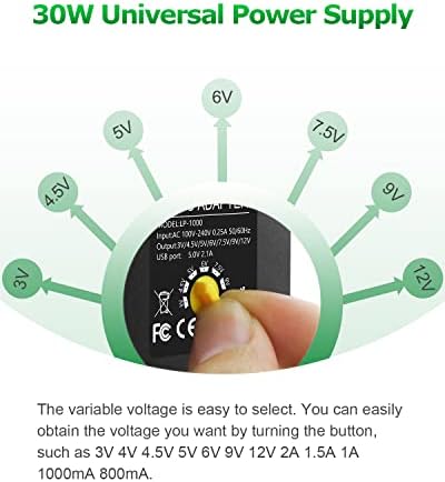 Universal 30 W Adjustable AC to DC Power Adapter – Multi-Voltage Switching Power Supply with 15 Interchangeable Tips and Polarity Converter for Optimal Device Compatibility – Ideal for LED Strips and Small Electronics – Global Input Voltage 100-240 V for Travel Convenience and Enhanced Efficiency