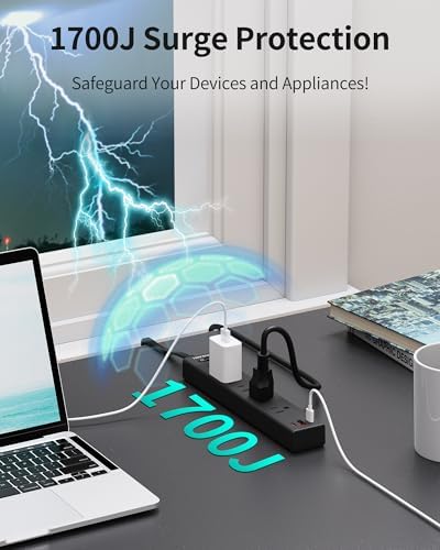 Ultra-Slim 15 FT Flat Plug Power Strip with 5 Outlets & 3 Smart USB Ports – 1700 Joules Surge Protector for Home, Office & Dorm Use – Space-Saving Design with Right-Angle Plug for Optimal Access and Charging Efficiency