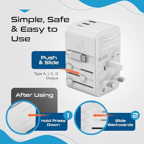 Universal Travel Power Adapter with 45 W PD Retractable USB-C Cable – Ultimate Multi-Device Charger for Global Use – Compatible with Laptops, Smartphones & Cameras – Essential Travel Accessory for US, EU & UK Adventures – Compact Design for Hassle-Free Charging
