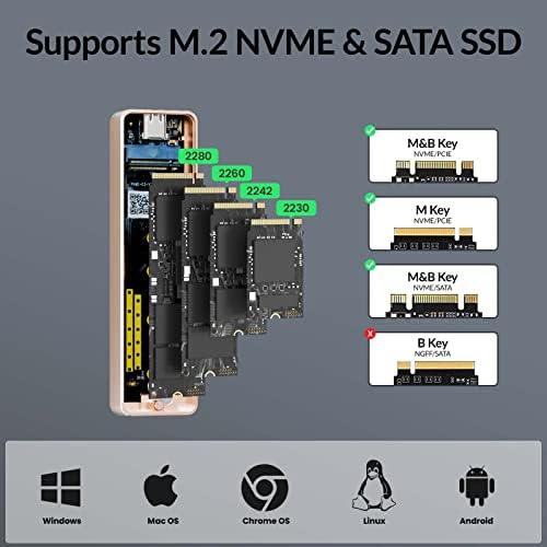 Ultra-Fast M.2 SSD Enclosure – Supports NVMe 10 Gbps & SATA 6 Gbps | USB 3.1 Gen 2 with 5.9″ Cable | Versatile for 2230, 2242, 2260, 2280 SSDs | Enhanced UASP Performance | Durable Design for Optimal Heat Dissipation | Perfect for Upgrading Laptops & Portable Storage Solutions