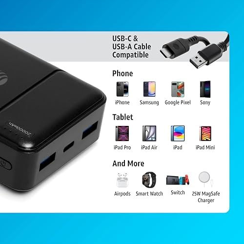 AT&T Professional 20000 m Ah Portable Power Bank – High Capacity Fast Charging with USB-C Power Delivery & Dual USB-A Ports for Universal Device Compatibility – Reliable On-the-Go Power Solution in Sleek Black Finish