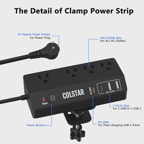 Revolutionize Your Workspace with the Desk Clamp Power Strip Featuring 4 AC Outlets and 4 USB Ports, Including PD 20 W Fast Charging – 10 FT Extension Cord for Ultimate Flexibility, Surge Protection, and Sleek Design for Office Efficiency in White