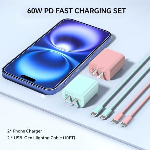 Lightning-Fast 20 W USB-C Wall Charger & 10 FT Cable for i Phone 15/16/Plus/Pro Max – Sleek Pink-Blue Power Adapter for Ultimate Charging Performance and Versatile Use