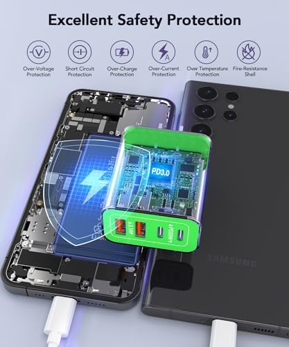 40 W USB C Multi-Device Fast Charger – 4-Port Power Adapter for i Phone & Samsung – Sleek Black Compact Travel Charger with Dual PD & QC Technology for Efficient Home and On-the-Go Charging Solutions – Perfect for Busy Professionals and Families