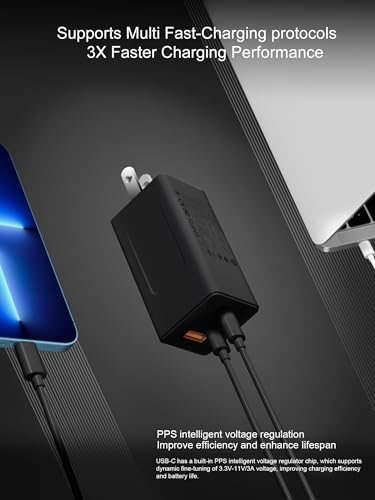 65 W 3-Port USB-C Fast Charger – Versatile Power Adapter for Mac Book, i Phone 16/15/14, Galaxy & More – Compact Design with Included Cable for Effortless Home or Travel Use – Optimal Device Compatibility & Safety Features