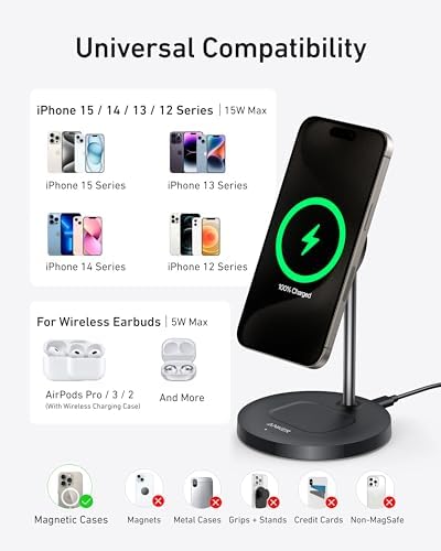 Anker Mag Safe 2-in-1 Charging Station for i Phone 16 and Air Pods Pro – Qi2 Certified 15 W Max Wireless Charger Stand in Sleek Black – Fast Charging Compatibility for i Phone 12/13/14/15 – Effortless Magnetic Alignment for Ultimate Convenience and Style