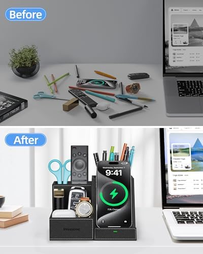 Elevate Your Workspace: Multifunctional Wireless Charger & Desk Organizer with 3 Compartments and Phone Stand – PU Black – Fast Charging & Stylish Office Essential for Maximum Productivity and Organization
