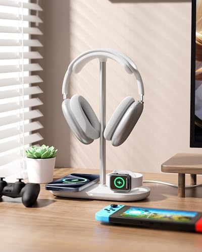 Transform Your Gaming Experience with the Hi We 3-in-1 Premium Headphone Stand & Wireless Charging Dock – Universal Desktop Organizer for Headphones, Air Pods, and Smartwatches – Durable Aluminum Alloy with Elegant Leather Pad and Stable ABS Base – Quick Charge Functionality for All Your Essential Devices