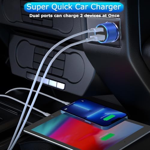 High-Performance i Phone Car Charger – Dual-Port 38 W USB-C & QC3.0 Fast Charging Adapter with 2 Lightning Cables, MFi Certified for i Phone 14, 13 Pro Max, 12, 11, X – Sleek Grey Design for Enhanced Compatibility and Efficiency on the Road