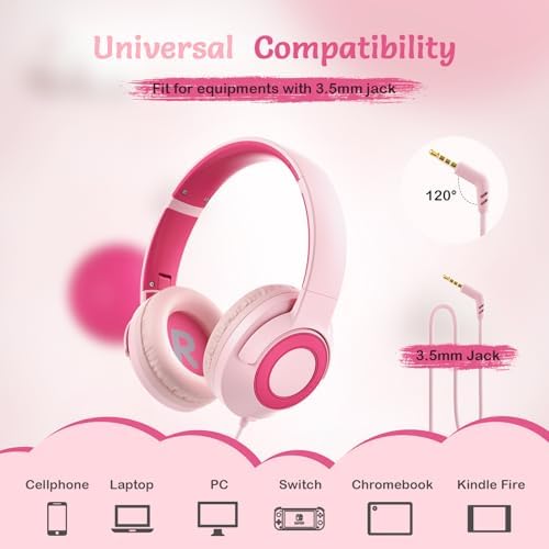 Comfortable Pink Headphones for Kids with Microphone – Safe Listening Technology at 85/94 d B, Foldable & Portable for School and Travel, Includes Stylish Carrying Case – Ideal for Young Girls Who Love Music and Learning