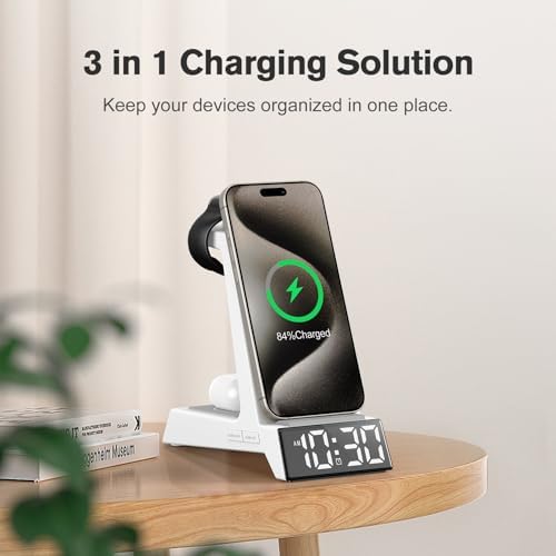 Revolutionary 3-in-1 Wireless Charging Station with LED Alarm Clock – Simultaneous Charging for i Phone 16-11 Pro Max, Apple Watch Series 10-5, and Air Pods Pro 4-2 – Space-Saving Nightstand Dock with Adjustable Brightness, Phone Case Compatibility, and Enhanced Safety Features – Perfect for Home, Office, and Travel