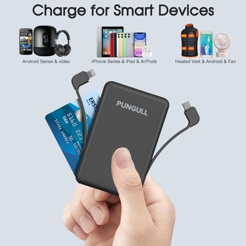 Ultra-Slim 5000 m Ah Portable Power Bank with Built-In Charging Cable – Compact and Lightweight USB-C Compatible External Battery for i Phones and Air Pods – High-Speed 5 V 2.1 A Charging for On-the-Go Convenience and Reliability