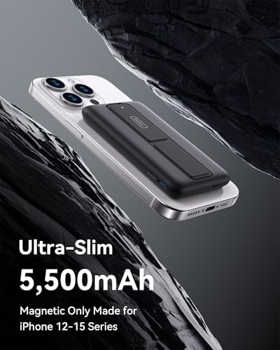 Ultra Slim INIU Mag Safe Portable Charger – 5500 m Ah Magnetic Power Bank with 20 W Fast Charging & Integrated Foldable Stand for i Phone 12-16 Series – Wireless USB-C Battery Pack for Effortless On-the-Go Power