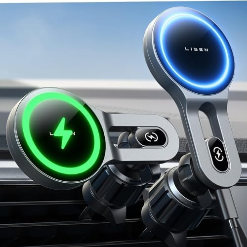 LISEN 15 W Mag Safe Car Mount Charger – Ultra-Fast Magnetic Wireless Phone Holder for i Phone 12-16 & Samsung Devices – Secure Vent Installation, Effortless Navigation & Sleek Design for Modern Drivers – Essential Fast Charging Accessory for On-the-Go Lifestyles
