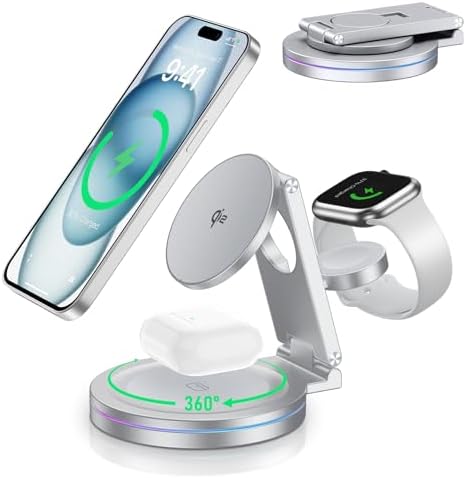 Elevate Your Charging Experience: 2025 Advanced Qi2 Foldable Rotatable 3-in-1 Magnetic Wireless Charger for Apple i Phone 12-16, i Watch, Air Pods, Samsung Devices – Premium Zinc Alloy Design with 30 W Fast Adapter Included – Ultimate Compatibility & Space-Saving Convenience