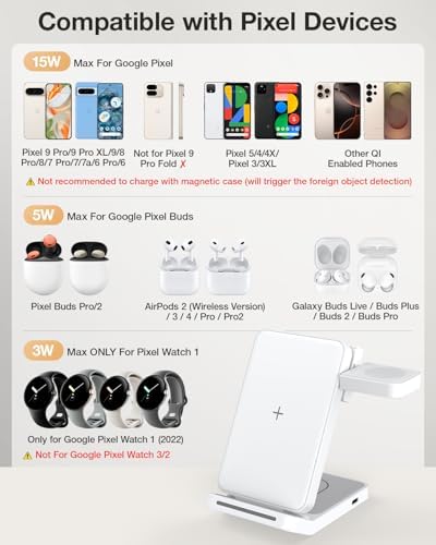 Foldable 3-in-1 Wireless Charging Station for Google Pixel Watch 1 st – 15 W Fast Charger for Pixel 9 Pro/XL, 8/7/6 Series, and Pixel Buds Pro/2 – Compact Travel Design with QC 18 W Adapter – Perfect for Home and Office Use