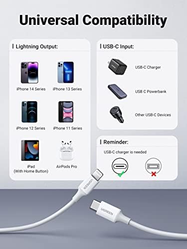 UGREEN 6 FT USB C to Lightning Cable – MFi Certified Fast Charging Cord for i Phone 14/13/12/11 & i Pad – Enhanced Durability & PD Power Delivery for Seamless Connectivity – Ideal for Mac Book & Air Pods Pro Users