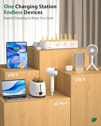 Eco-Friendly Bamboo USB-C Charging Hub – 60 W 6-Port Multi-Device Dock with 3 AC Outlets, 3 USB-C, 3 USB-A Ports, 6 Mixed Cables Included, 6.6 ft Power Cord for i Phones, i Pads & Tablets – Fast, Efficient Charging Solution with Elegant Design