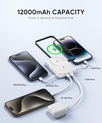 Ultra-Fast Magnetic Power Bank 12000 m Ah for Mag Safe Devices – Wireless Charger with Built-In Cables for i Phone 16 Series, 22.5 W Rapid Charging for On-the-Go Convenience and Seamless Compatibility with i Phone 15/14/13/12 Models – Sleek, Durable Design for Effortless Power Solutions