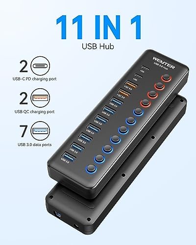 Maximize Your Connectivity with the Wenter 5-Port USB 3.0 Hub – Fast Data Transfer and Type-C Charging Hub for Mac & PC, Featuring Individual LED Switches for Power Management and Enhanced Performance