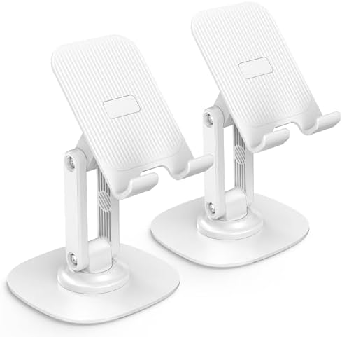OMOTON Cell Phone Stand for Desk, 2 Pack Adjustable Foldable Phone Holder, 360 Swivel Mobile Stand Fit for iPhone 15 14 13 12 11 Pro Max and All Smart Phones, White & White – Enhanced Compatibility and Speed