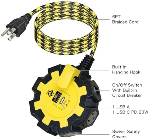 Maximize Your Charging Efficiency with the PD20 W USB-C and USB-A Power Strip – 6 Outlet Surge Protector with 6 FT Braided Cord, 500 Joules of Safety, Built-in 15 A Circuit Breaker, UL Listed, Wall Mountable for Versatile Use in Homes and Workshops