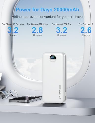 Ultimate 20,000 m Ah Portable Charger with Wall Plug – Fast Charging USB-C Power Bank with Built-in Cables, Digital Display, and Versatile 5 Output Ports for i Phone, Android, and Tablets – Stay Charged Anywhere with Enhanced Compatibility and Speed