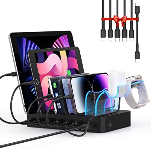 Soo Pii 60 W 6-Port USB-C Charging Station with 20 W Fast Charge – Multi-Device Power Hub for i Phone 14/13/12, Includes 6 Short Cables & 2-in-1 Holder for Organized Charging – Perfect for Home, Office & Travel