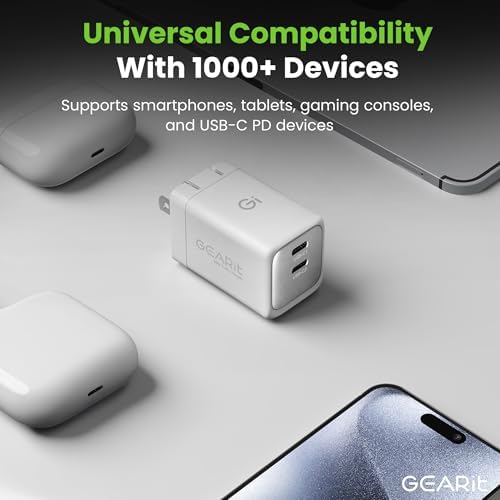 Elevate Your Charging Game with the GEARit 48 W Dual-Port USB C Fast Charger – Cutting-Edge Ga N Technology for Rapid Power Delivery to Apple, Samsung, i Phone, i Pad, and Google Pixel – Compact and Lightweight Design for Ultimate Portability – Power Up Two Devices Simultaneously with Advanced PD 3.0 and PPS Features for Unmatched Efficiency and Reliability – Perfect for Travelers and Tech Enthusiasts Seeking Superior Charging Solutions.
