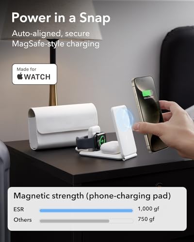 ESR Qi2 All-in-One 3-in-1 Charging Station for Apple Devices – Fast 15 W Mag Safe Charger, Certified Apple Watch & Air Pods Power Hub, Ideal Travel Companion for i Phone 16/15/14/13/12 Series, Sleek Black Design with Travel Bag Included – Maximizing Efficiency and Style