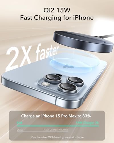 Power Up Your Devices Effortlessly with the ESR Mag Safe Wireless Charger – 15 W Fast Charging Pad with Kickstand for i Phone 15/14/13/12 and Air Pods, Qi2 Certified for Enhanced Compatibility, Includes Type-C Cable, Sleek Black Design for Modern Tech Integration