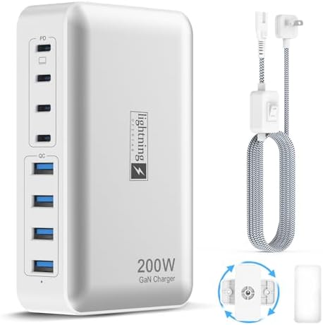 Transform Your Charging Routine with the 200 W 8-Port Fast Charging Hub – Multi-Device USB Station Featuring 65 W Laptop Adapter, Space-Saving Flat Plug, Durable Braided Cable, and User-Friendly On/Off Power Control for Optimal Performance and Safety