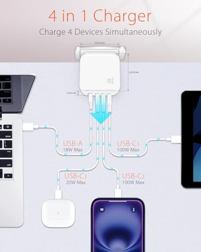Power Up Anywhere: 100 W Ga N USB-C Wall Charger with 4 Ports for Fast Charging – Compact and Portable Travel Adapter for i Phone 16 Series, Tablets & Mac Book Laptops – Enhanced Efficiency and Safety Technology