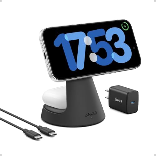Anker 2-in-1 Mag Safe Wireless Charging Stand for i Phone 16, Qi2 Certified 15 W Ultra-Fast Charger, Adjustable Design with Dual Functionality for i Phone and Air Pods, Sleek Black Finish – Optimal Speed and Style for Modern Devices