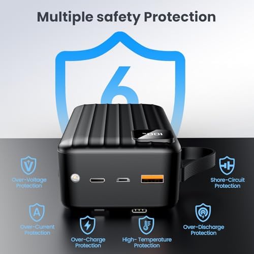 Massive 50000 m Ah Portable Power Bank with Dual Built-in Cables – 22.5 W Fast Charging for i Phone 16/15/14/13 Pro & Samsung Galaxy – Multi-Device Charging for Camping, Hiking & Outdoor Adventures – LED Display & Comprehensive Safety Features Included