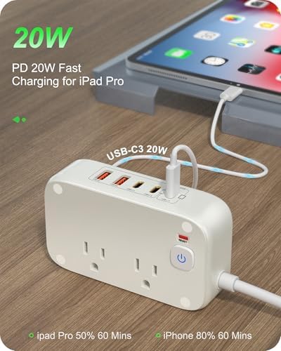 Ultimate 7-in-1 Power Strip with 65 W Ga N Technology | Flat Plug Design for Space-Saving | 3 USB-C & 2 USB-A Ports for Rapid Charging | 2500 W AC Outlet for Home, Office, College & Travel | Versatile Surge Protector for All Devices