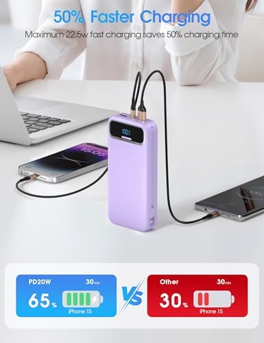 Ultra-Compact 12000 m Ah Power Bank with Built-in Charging Cables & AC Plug – 20 W PD Fast Charging for i Phone, Samsung, Android, USB-C Devices – Travel-Friendly External Battery Pack in Purple – Unmatched Portability and Efficiency for On-the-Go Charging Solutions