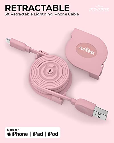 LIQUIPEL Powertek Retractable Lightning Charger – MFi Certified 3 ft Fast Charging Cable for i Phone & i Pad – Tangle-Free Portable Design in Stylish Pink for Effortless Power Solutions