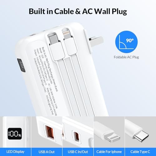 Ultimate 10,000 m Ah Portable Charger with Built-in Cables – 22.5 W Fast Charging Power Bank for i Phone 16/15/14/13, Samsung Galaxy S24/S23/S22, Google Pixel, and LG Devices – Travel-Friendly Battery Pack with AC Wall Plug for Effortless Recharging, Sleek Black Design for On-the-Go Convenience