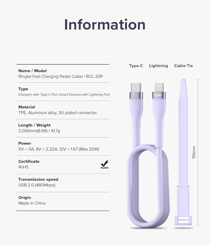 Vibrant 6.6 FT Ringke USB C to Lightning Charging Cable – Fast Charge Your i Phone, i Pad & Air Pods with Stylish Purple Pastel Design, Tangle-Free Connectivity for Effortless Use in Car Play & Beyond, Durable & Efficient Performance