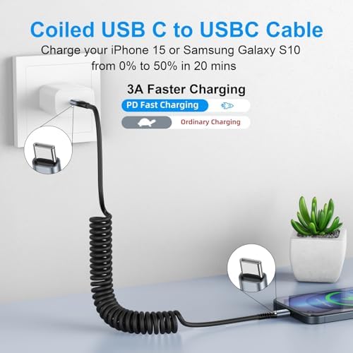 KIYODA 6 ft Coiled USB C to USB C Cable (2 Pack) – Efficient Fast Charging & High-Speed Data Transfer for i Phone 16/15/Plus/Pro/Pro Max & Samsung Galaxy S23 – Tangle-Free, Durable & Portable Solution for Home and Travel Needs