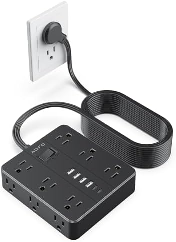 Maximize Your Charging Potential with AOFO 5 Ft Flat Plug Power Strip: 12 Outlet Surge Protector & 6 USB Ports (4 USB-A, 2 USB-C) for Home, Office, and Dorm Use – Reliable, Safe, and Space-Saving Design for All Your Devices
