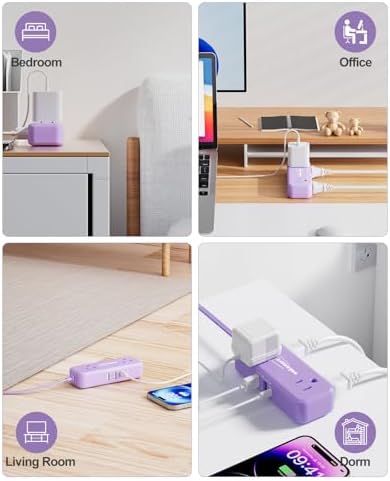 Sleek Flat Plug Power Strip with 5 Ft Extension Cord – 4 AC Outlets & 3 Fast-Charging USB Ports (5 V/3.4 A) – Compact Travel-Friendly Power Solution for College Dorms, Home Offices, and On-the-Go Charging – Maximize Space and Connectivity