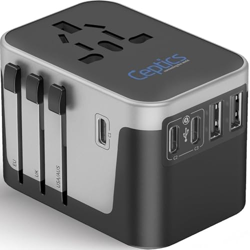 Global Travel Power Adapter – Ceptics 6-in-1 Charger with Dual USB-A & Triple USB-C Ports for Lightning-Fast Charging – Universal Compatibility for USA, EU, UK & AUS Electronics – Ideal for Smartphones, Laptops & Cameras – UP-30 KU-BL for Efficient Multi-Device Charging Solutions