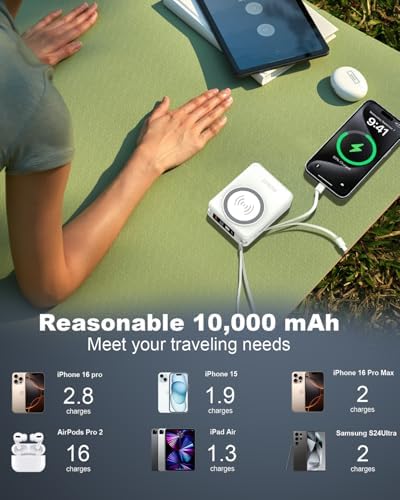 10000 m Ah Mag Safe-Compatible Portable Charger Power Bank – 22.5 W Fast Charging Travel Essential with Built-in USB-C & Lightning Cables – 5-in-1 Wireless Charging Solution for i Phone, Android, and Samsung Devices