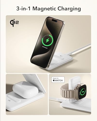 ESR Qi2 All-in-One 3-in-1 Charging Station for Apple Devices – Fast 15 W Mag Safe Charger, Certified Apple Watch & Air Pods Power Hub, Ideal Travel Companion for i Phone 16/15/14/13/12 Series, Sleek Black Design with Travel Bag Included – Maximizing Efficiency and Style
