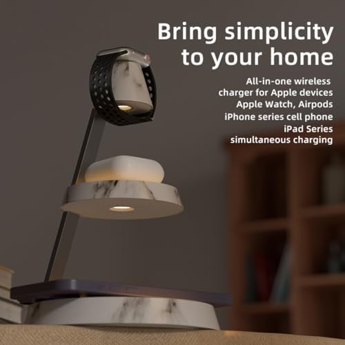 Elevate Your Charging Experience with the Marble Style Magnetic Wireless Charger 3 in 1 Tower – Sleek Night Light Charger for Cellphones, Wireless Earbuds, and Apple Watch with High-Power Output and Space-Saving Design – Perfect for Home or Office Use